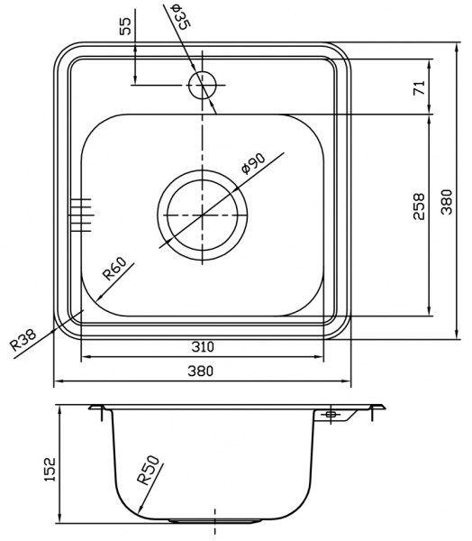 Мойка кухонная из нержавеющей стали IDDIS STRIT STR38P0i77 38*38 см. 