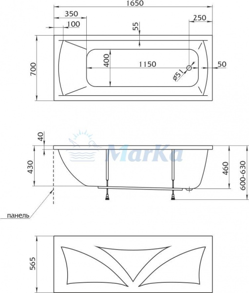 Ванна акриловая 1Marka MODERN 01мод16570 165x70 см. 